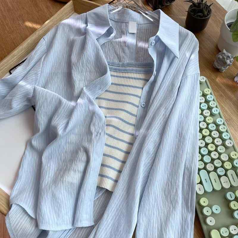 ・カテゴリ: shirts・主な素材: 涤纶100%・スタイル: 都市風、オフィス、カジュアル・シルエット: ルーズ・着丈: ミディアム丈（約50cm～65cm）・カラー展開: ブルー、ホワイト、ピンク、グリーン・サイズ展開: XXS、XS、S、M、L、XL、2XL、3XL・柄: バイカラー・デザイン特徴: ボタン・袖の形状: シャツスリーブ・袖丈: 長袖・厚み: 薄手・機能: 紫外線防止（UPF30+）