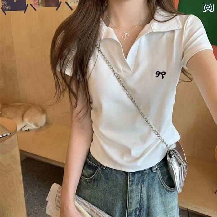 Tシャツ レディース カットソー 半袖 夏物 POLO襟 襟付き Vネック ウエストシェイプ シャーリング 刺しゅう リボン ストレッチ 伸縮性 綿 コットン スリム 薄手 涼しい 着痩せ カジュアル きれいめ 大人 通学 お出かけ 白 黒 グレー S remake-buddy-10915296 リメイクバディー サンプル画像2
