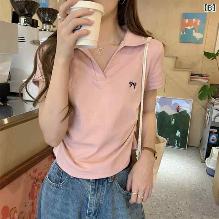 Tシャツ レディース カットソー 半袖 夏物 POLO襟 襟付き Vネック ウエストシェイプ シャーリング 刺しゅう リボン ストレッチ 伸縮性 綿 コットン スリム 薄手 涼しい 着痩せ カジュアル きれいめ 大人 通学 お出かけ 白 黒 グレー S remake-buddy-10915296 リメイクバディー サンプル画像3