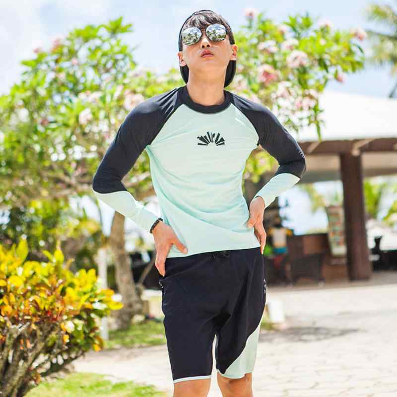 メンズ 水着 ラッシュガード 2点セット 長袖 トップス ショートパンツ 上下セット セットアップ 紫外線対策 UVカット 接触冷感 速乾 スイムウェア ビーチ 海 プール フィットネス スポーツ ジム 運動 夏 ブルー M L XL 2XL 3XL