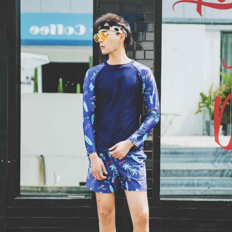 メンズ 水着 上下セット 男性 セパレート スイムウェア 長袖 ラッシュガード スイムショーツ スポーツ フィットネス 競泳 運動 ランニング マリンスポーツ 紫外線対策 UVカット 伸縮性 速乾 ネイビー 夏 プール 海 川 2点セット
