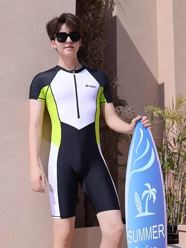 水着 男の子 ジュニア キッズ オールインワン スイムウェア 長袖 フィットネス 紫外線対策 UVカット 配色 切替 素材 競泳 練習用 スクール 学校 プール 海 ビーチ 水遊び アウトドア 黒 黄 140 150 160 170
