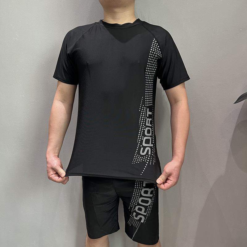 メンズ 水着 上下セット 大きいサイズ 長袖 スイムウェア 温泉 水泳 競泳 フィットネス 海 プール ビーチ レジャー 旅行 大人 20代 30代 40代 黒 通気性 伸縮性 ポリエステル オールシーズン 2点セット
