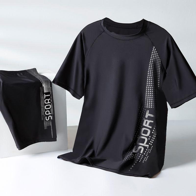 フィットネス水着 メンズ 競泳水着 半袖 スイムウェア スイムトップ プルオーバー ポリエステル 吸汗速乾 伸縮性 ストレッチ スイミング プール 海 ビーチ 部活 練習用 大きめ ゆったり 大きいサイズ グレー レッド 夏