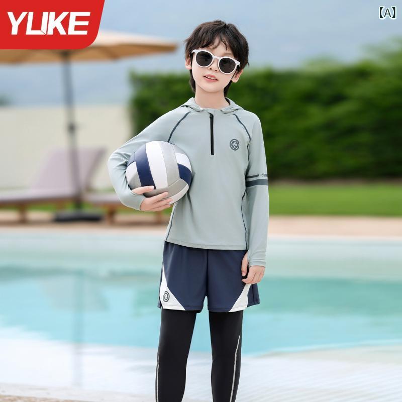 水着 キッズ 男の子 セパレート 長袖 ロングパンツ フード付き スイムウェア UVカット 紫外線対策 伸縮性 ジュニア 子ども スイムキャップ 日焼け防止 ラッシュガード 灰色 白 青