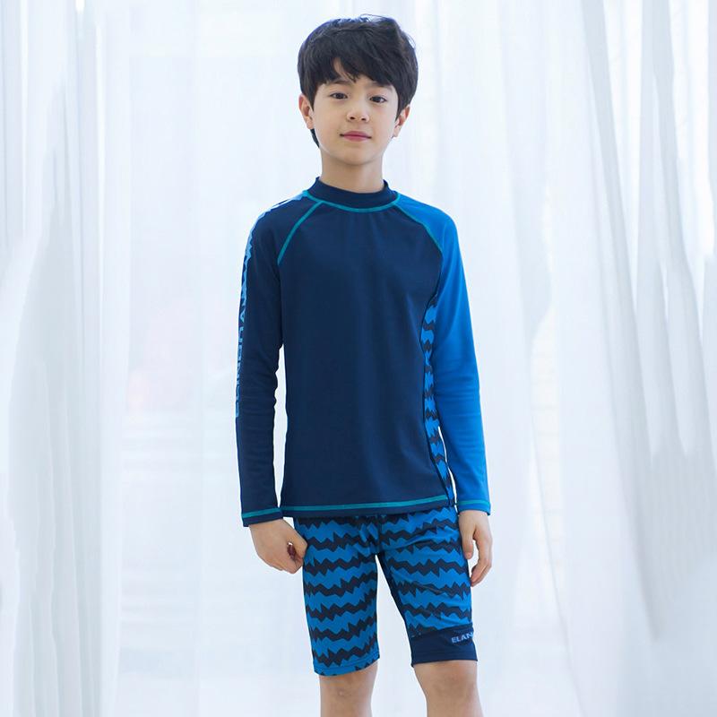 男の子 水着 スイムウェア キッズ ジュニア セパレート 分体 長袖 トップス パンツ スイムキャップ 3点セット 紫外線対策 UVカット 接触冷感 速乾 防寒 伸縮性 マリンスポーツ プール 海 ビーチ レジャー ブルー 青 夏
