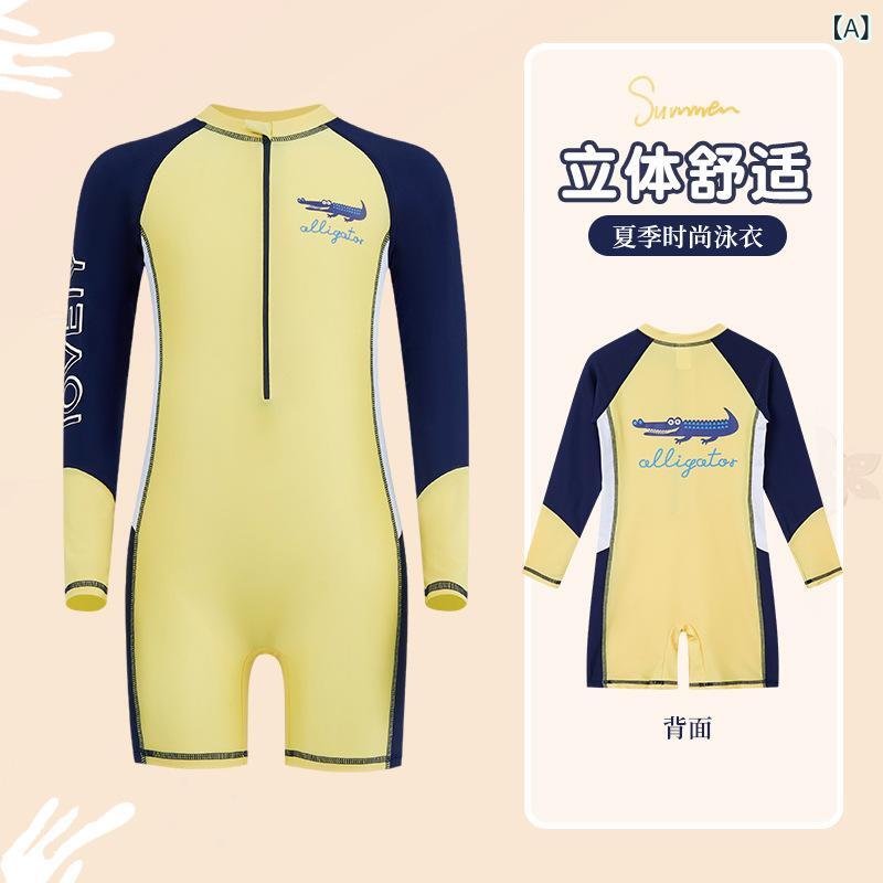 キッズ水着 男の子 スイムウェア 長袖 ラッシュガード 一体型 切り替え 紫外線対策 伸縮性 黄 青 丈青 プール 海 川 水遊び ジュニア 子供 14歳