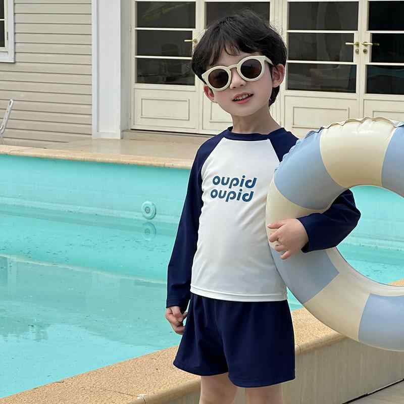 キッズ 泳着 男の子 水着 セパレート 長袖 防風 紫外線対策 日焼け防止 ポリエステル 伸縮性 速干 速乾 上下セット スイムウェア ラッシュガード サファリ 海 ビーチ プール 温泉 旅行 ネイビー 蔵青 20代