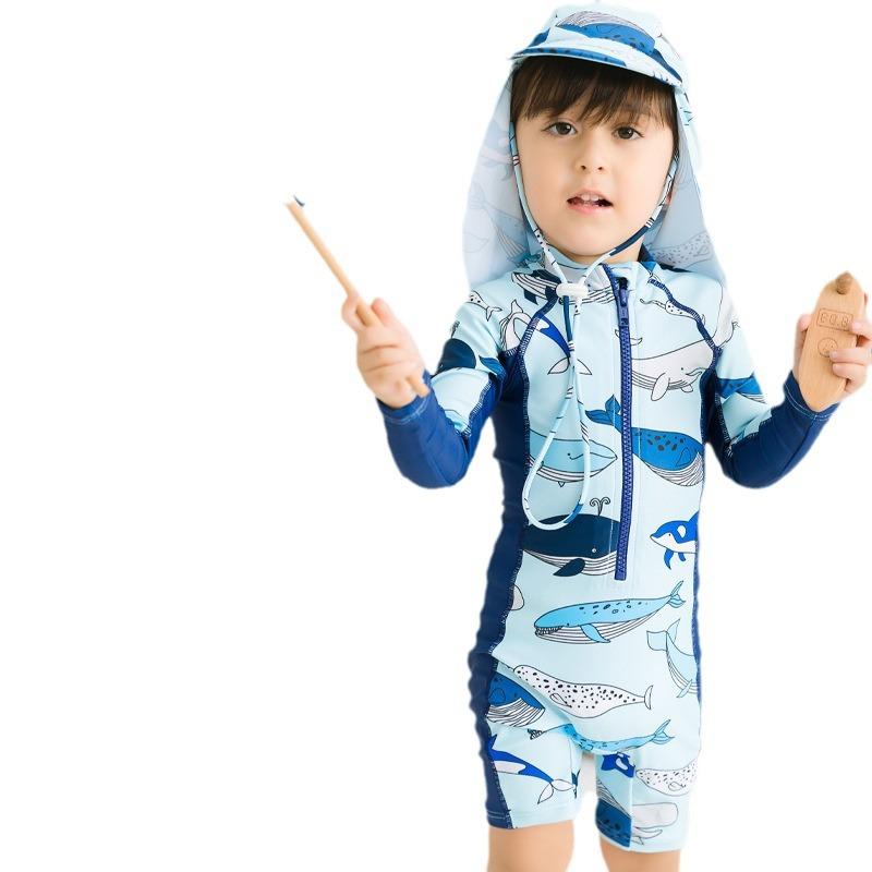 キッズ 泳衣 男の子 水着 長袖 オールインワン 帽子付き 子供 10代 スイムウェア オールシーズン 紫外線対策 UVカット ブルー 青 プール 海 スイミング ビーチ スクール