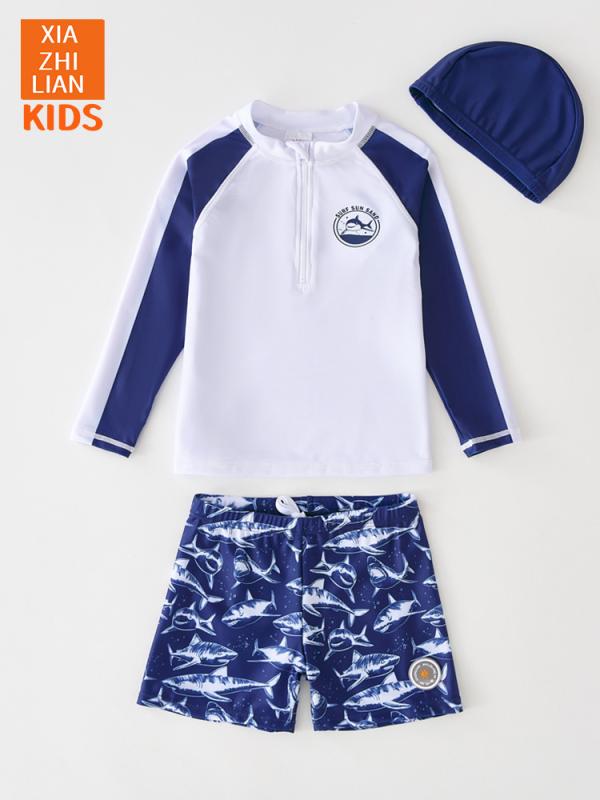 キッズ水着 男の子 セパレート 長袖 ラッシュガード ショートパンツ 子供 ジュニア スイムウェア 防紫外線 接触冷感 ポリエステル ブルー ホワイト 海 ビーチ プール アウトドア 100 110 120 130 140 150 夏