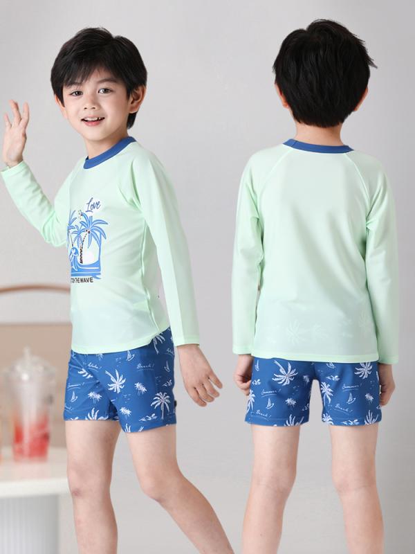 ・対象年齢: 4-6歳、6-8歳、8-10歳、10-12歳、12-14歳・対象性別: 男の子・デザイン: 韓国風、無地、カトゥーン、マリン、和風、高弾性、さわやか・表地素材: ポリエステル85%・重量: 200g・裏地素材: ポリエステル100%・対応シーン: プレイスポット、水泳・水遊び・カラー展開: ライトグリーン（半袖）、ライトグリーン（長袖）・サイズ展開: L、XL、2XL、3XL、4XL、5XL、6XL・スタイル: ブリーフ・対象者: 子供、男の子