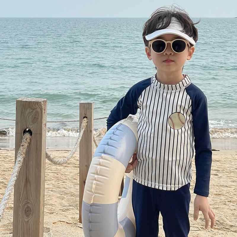 子供 水着 男の子 女の子 キッズ 長袖 长ズボン ラッシュガード 紫外線対策 セパレート 上下セット 海 ビーチ スイミング プール 温泉 スクール 水遊び ネイビー 春 夏 100 110 120 130 140 韓国風 おしゃれ