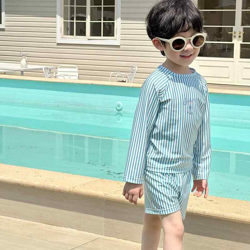 子供 水着 男の子 女の子 長袖 ラッシュガード 上下セット セパレート 連体 マリン ストライプ 日焼け防止 紫外線対策 UVカット 速乾 スイムウェア 海 ビーチ プール 温泉 旅行 夏物 キッズ ベビー ジュニア