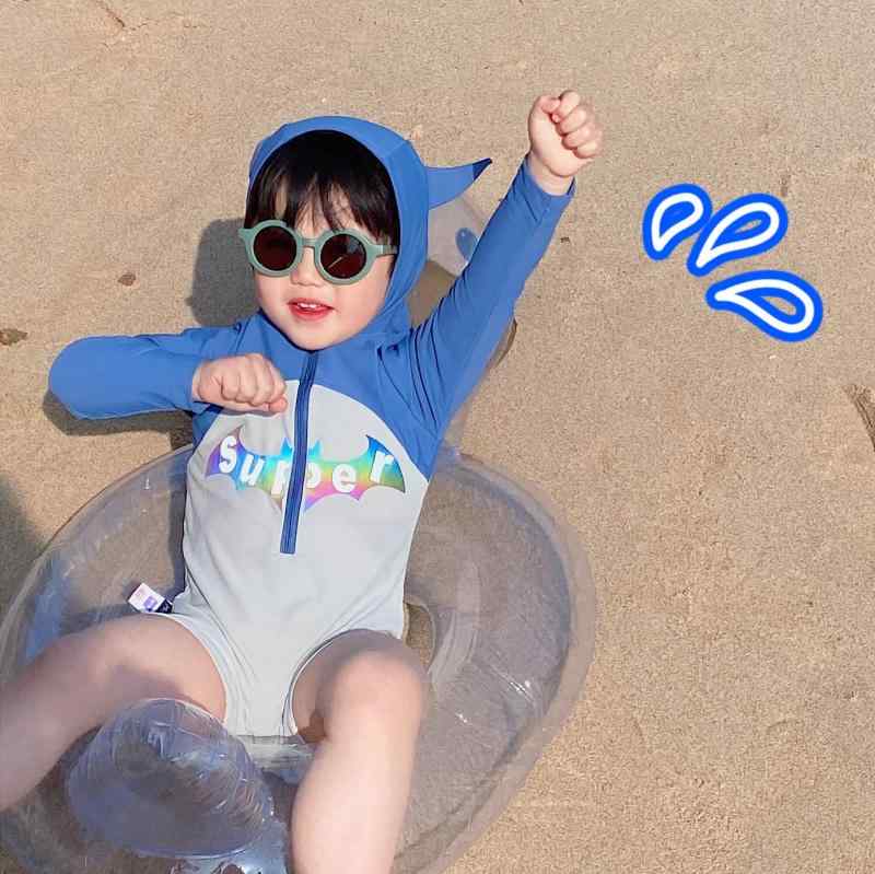 キッズ 水着 男の子 長袖 ラッシュガード フード付き キャラクター かわいい スイムウェア 温泉 プール 海 ビーチ レジャー デビル グレー ブルー 男児 ベビー ジュニア 子供 春 夏 UVカット 紫外線対策 100 110 120