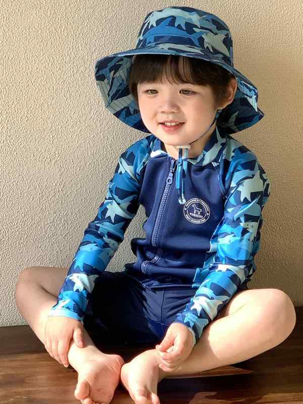 キッズ 水着 男の子 セパレート 長袖 ラッシュガード スイムウェア UVカット 紫外線対策 伸縮性 速乾 2WAY 恐竜 シャーク 柄 上下セット スイムキャップ付き 帽子 90 100 110 120 130 140 150 160 春 夏 海 ビー