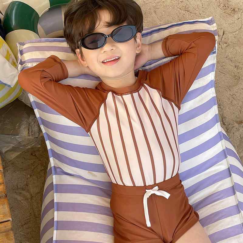 子供 水着 男の子 女の子 長袖 紫外線対策 UVカット ポリエステル セパレート ボーダー セットアップ スイムウェア スイムパンツ 温泉 海 プール ビーチ 水遊び 旅行 リゾート ブラウン 90 100 110 120 130 140 春 夏