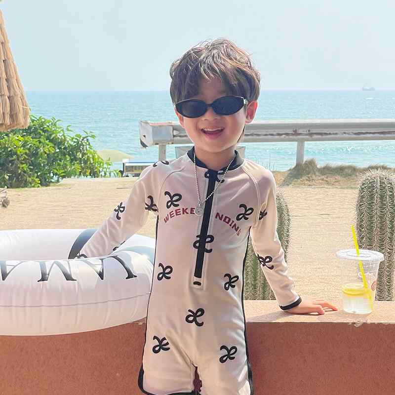 子供 水着 男の子 女の子 キッズ オールシーズン 長袖 ラッシュガード 紫外線対策 UVカット 速乾 スイムウェア 接続冷感 動きやすい スイミング ビーチ プール レジャー ベージュ 90 100 110 120 130 140