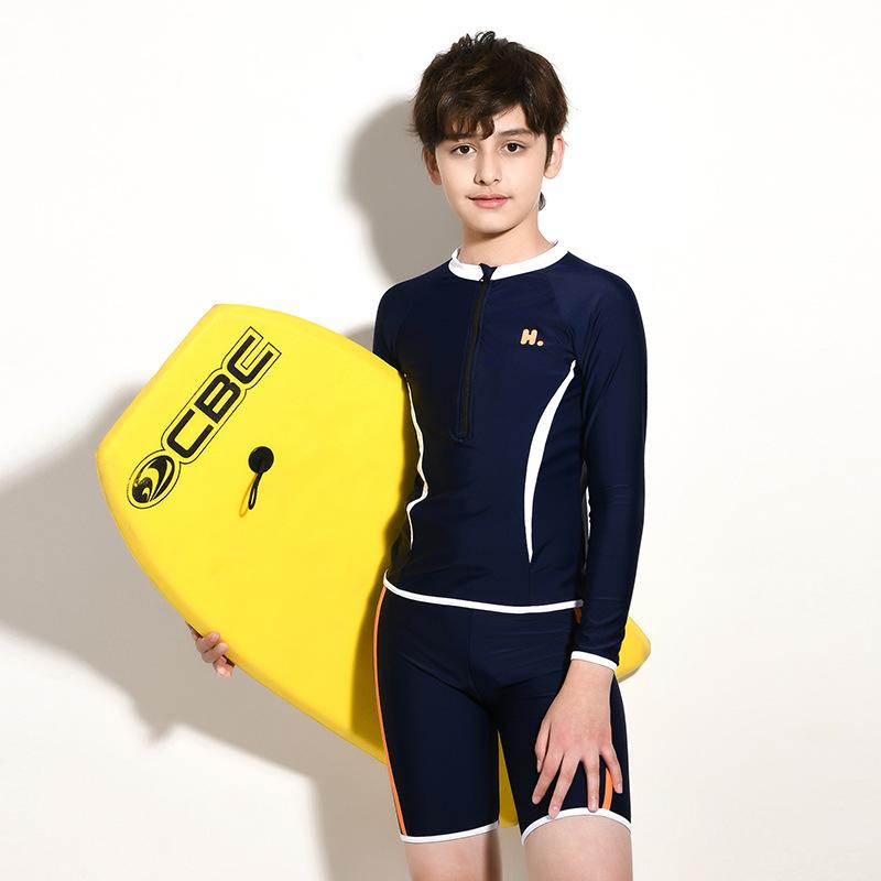 男の子 競泳水着 ジュニア スクール 水着 セパレート 長袖 トップス ショートパンツ 上下セット セットアップ 伸縮性 日焼け防止 紫外線対策 uvカット 水泳 スイミング 練習用 温泉 海 川 プール 10代 青 ブルー