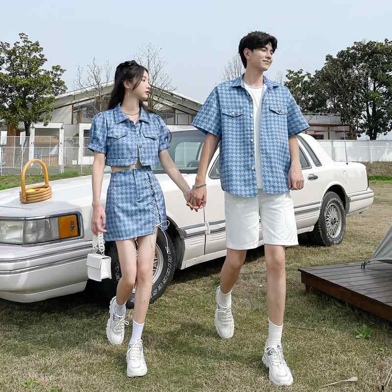 セットアップ ペアルック カップル レディース メンズ リンクコーデ 千鳥格子 シャツ スカート 上下セット 半袖 春 …