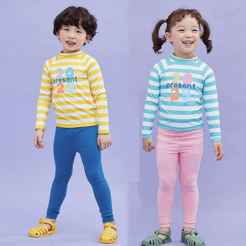 水着 キッズ 男の子 女の子 セパレート 上下セット 長袖 ロングパンツ ラッシュガード 紫外線対策 UVカット 速乾 伸縮性 スイムウェア 防寒 プール 海 ビーチ 水遊び スクール カートゥーン 黄 青 藍