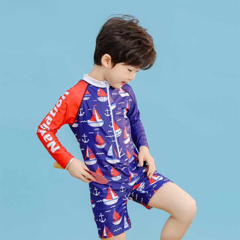 水着 男の子 キッズ 長袖 オールインワン キャップ付き セット ラッシュガード ベビー ジュニア スクール 紫外線対策 UVカット 速乾 伸縮性 ストレッチ スイムウェア スイムキャップ 船 2才 3才 4才 プール 海 水遊び