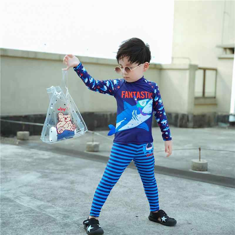 キッズ 泳装 男の子 長袖 長ズボン 防寒 紫外線対策 UVカット スイムウェア セパレート 子供 ジュニア プール 海 水遊び ビーチ 10代 水着 シャーク サメ ブルー 春 夏