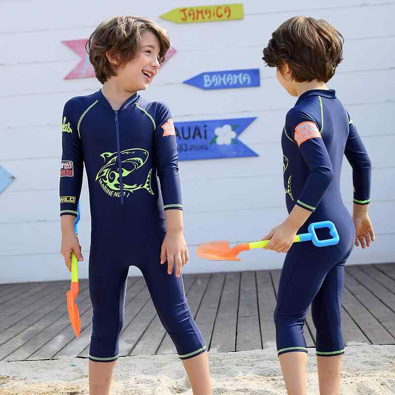 キッズ 泳衣 水着 男の子 连体 长袖 防寒 日焼け防止 海水浴 プール ビーチ 動きやすい 伸縮性 ウエットスーツ 90 100 110 120 130 140 150 160 グリーン ブルー 鮫 シャーク 子供 ジュニア スイムウェア