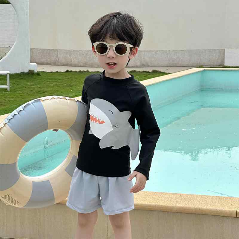 子供 水着 男の子 女の子 長袖 セパレート スイムウェア ラッシュガード 上下セット 紫外線対策 UVカット 速乾 シャーク 鮫 サメ 温泉 旅行 リゾート ビーチ スイミング スクール プール 海 夏 黒 90 100 110 120