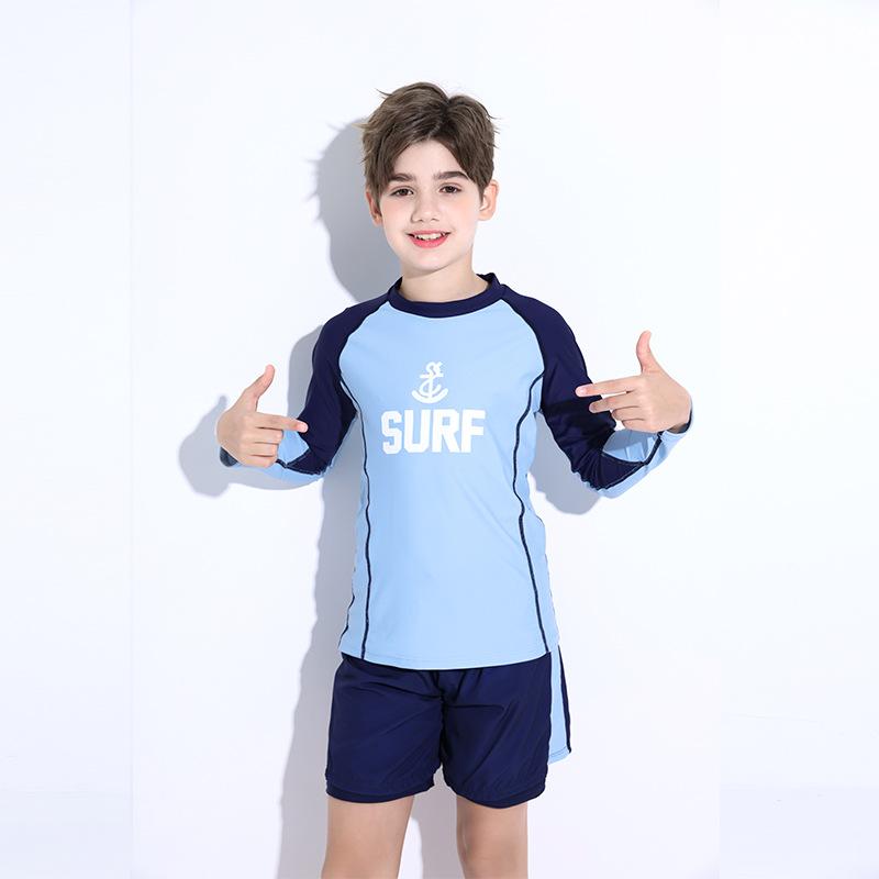 キッズ水着 男の子 水着 セパレート ジュニア 子供 長袖 ラッシュガード スイムウェア UVカット 紫外線対策 伸縮性 ストレッチ ビーチ プール 水遊び 海 140 150 160 ライトブルー パープル 夏