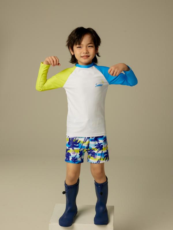 水着 キッズ 男の子 スイムウェア 長袖 ラッシュガード ショートパンツ 上下セット 2点セット セパレート セットアップ 子供用 幼稚園 保育園 小学生 海水浴 プール ビーチ スイミング スクール 白 春 夏