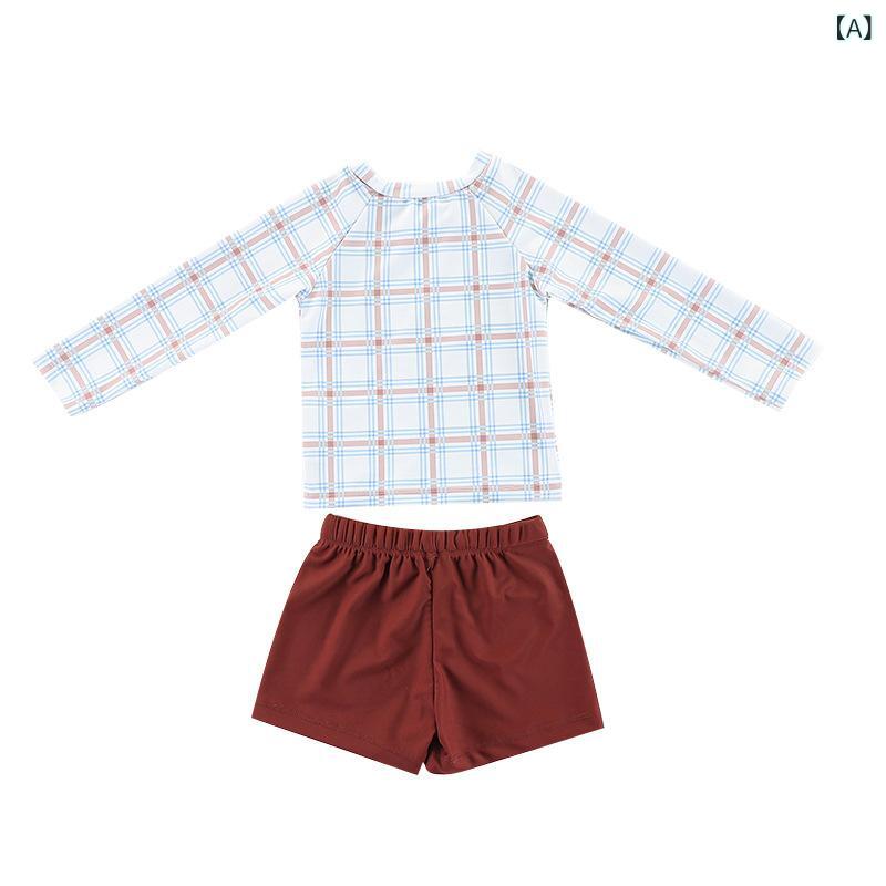 男の子 水着 セパレート キッズ 子供 長袖 日焼け防止 ギンガムチェック 紫外線対策 UVカット スイムウェア 海水浴 旅行 ビーチ 2点セット トップス パンツ 春 夏 ブラウン