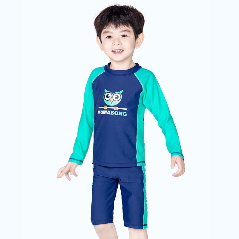 キッズ 水着 男の子 長袖 ラッシュガード セパレート スイムウェア スイムパンツ 上下セット 紫外線対策 UVカット 撥水 速乾 フードなし かわいい フクロウ キャラクター 海 ビーチ プール スイミング スクール 旅行 レジャー 幼稚園 保育園 小