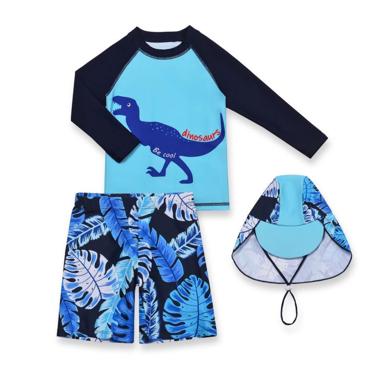 キッズ 水着 男の子 長袖 セパレート ラッシュガード 恐竜 プルオーバー 子供 ジュニア スイムウェア 紫外線対策 UVカット 日焼け防止 速乾 伸縮性 ストレッチ 動きやすい おしゃれ かわいい 海 プール リゾート 夏 ブルー
