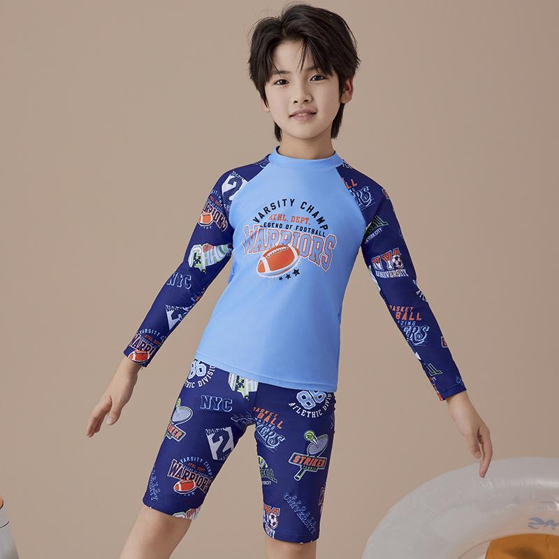 水着 キッズ 男の子 ジュニア スイムウェア 長袖 七分丈 パンツ 上下セット セパレート プール ビーチ 海水浴 川遊び 宝藍 浅藍 130 140 150 夏 紫外線対策 UVカット 速乾 動きやすい スクール 水遊び 子供