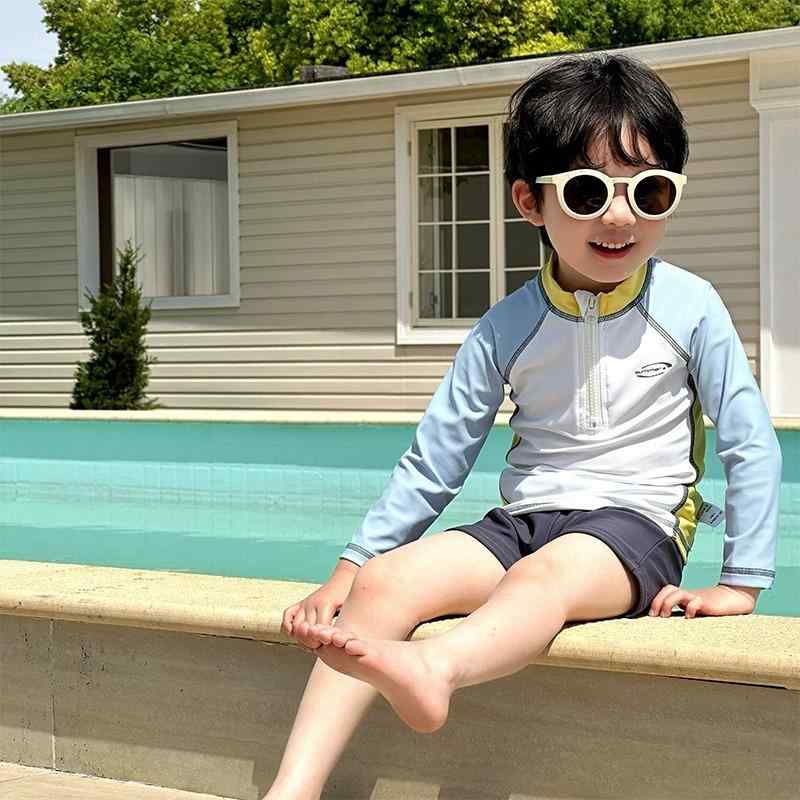 キッズ 泳衣 男の子 長袖 セパレート 水着 上下セット 帽子付き スイムウェア 子供 ジュニア ベビー 水遊び 海 ビーチ プール 温泉 紫外線対策 UVカット かわいい キャラクター 青 黄 夏