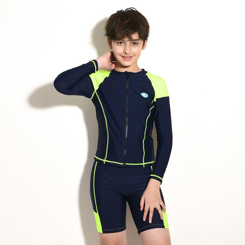 男の子 泳着 水着 キッズ ジュニア 長袖 セパレート スイムウェア 2点セット トップス ショートパンツ ネイビー 紺 10代 スクール 水遊び 温泉 スイミング プール スクール水着 高弾性 速乾 UVカット