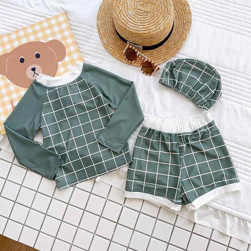 キッズ 泳着 男の子 女の子 水着 セパレート 長袖 ラッシュガード チェック柄 速乾 伸縮性 ストレッチ スイミング スクール プール 海水浴 ビーチ 旅行 夏 スイムキャップ セット 帽子付き 90 100 110 120
