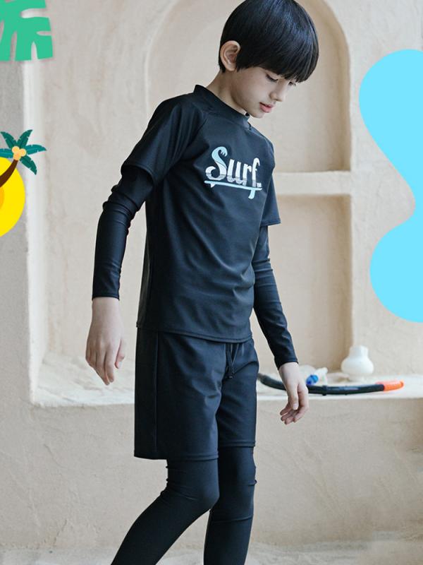 キッズ 水着 男の子 ジュニア スイムウェア 長袖 ラッシュガード ロングパンツ ハーフパンツ 3点セット 速乾 UVカット 紫外線対策 体型カバー 練習用 フィットネス スクール レジャー 海 プール 130 140 150 160 黒 春 夏 黒