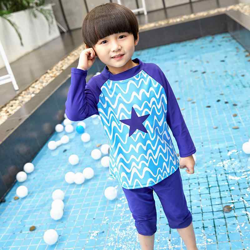 水着 キッズ 男の子 女の子 セパレート 上下セット 長袖 ラッシュガード 紫外線対策 UVカット スイムウェア 五分丈パンツ 伸縮性 ブルー 3才 4才 5才 6才 7才 8才 9才 子供用 ジュニア プール 海 ビーチ 温泉 春 夏