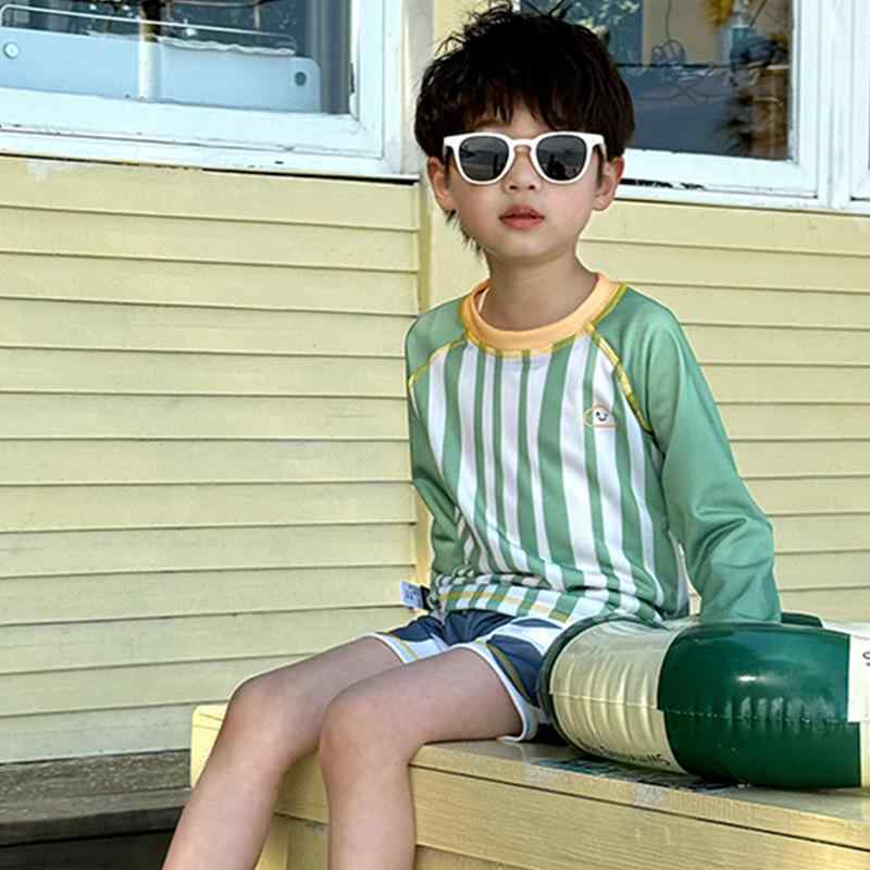 キッズ 水着 男の子 女の子 長袖 ラッシュガード 上下セット セパレート スイムウェア 紫外線対策 UVカット 速乾 伸縮性 ストレッチ ポリエステル 緑 黄 90 100 110 120 130 140 夏 プール 海 川 ビーチ