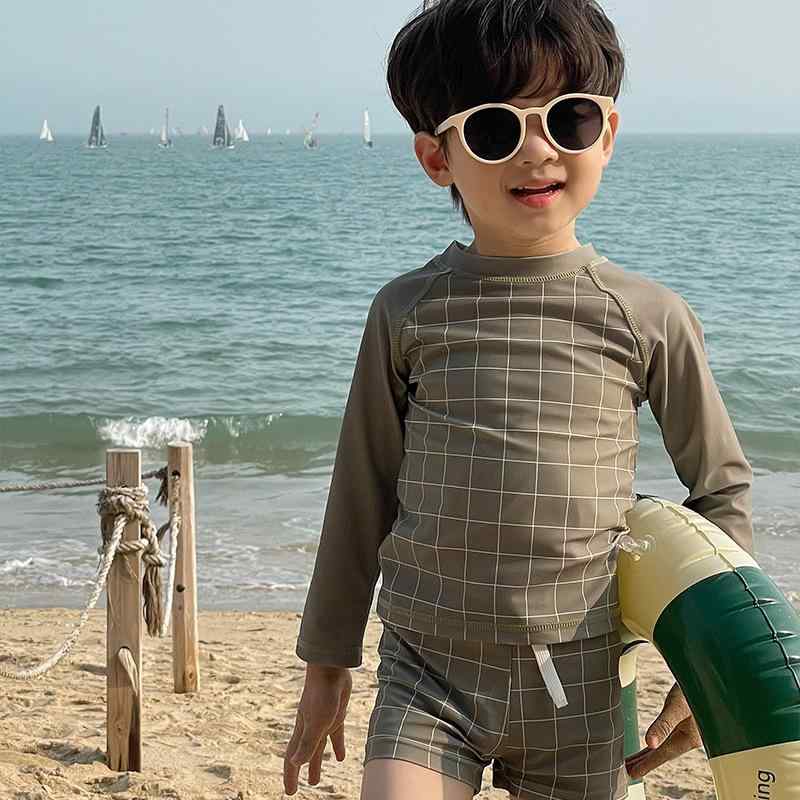 キッズ 泳衣 男の子 女の子 長袖 UVカット ポリエステル セパレート ラッシュガード 水着 スイムウェア ビーチ 海水浴 プール 旅行 レジャー 夏 灰緑 格子 チェック 90 100 110 120 130 140 韓国スタイル カジュアル かわい