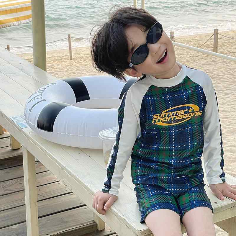 水着 キッズ 男の子 女の子 スイムウェア 長袖 ハーフパンツ 切り替え 水遊び 温泉 プール ビーチ 海 砂浜 ジュニア 子供 ベビー 紫外線対策 UVカット 速乾 伸縮性 シンプル グリーン 春 夏 秋