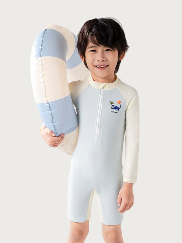キッズ 水着 男の子 長袖 ワンピース オールインワン 帽子付き スイムウェア ラッシュガード 子供 ジュニア ベビー プール 海 ビーチ 水遊び 夏 日焼け防止 紫外線対策 UVカット 速乾 スイムキャップ付き ブルー