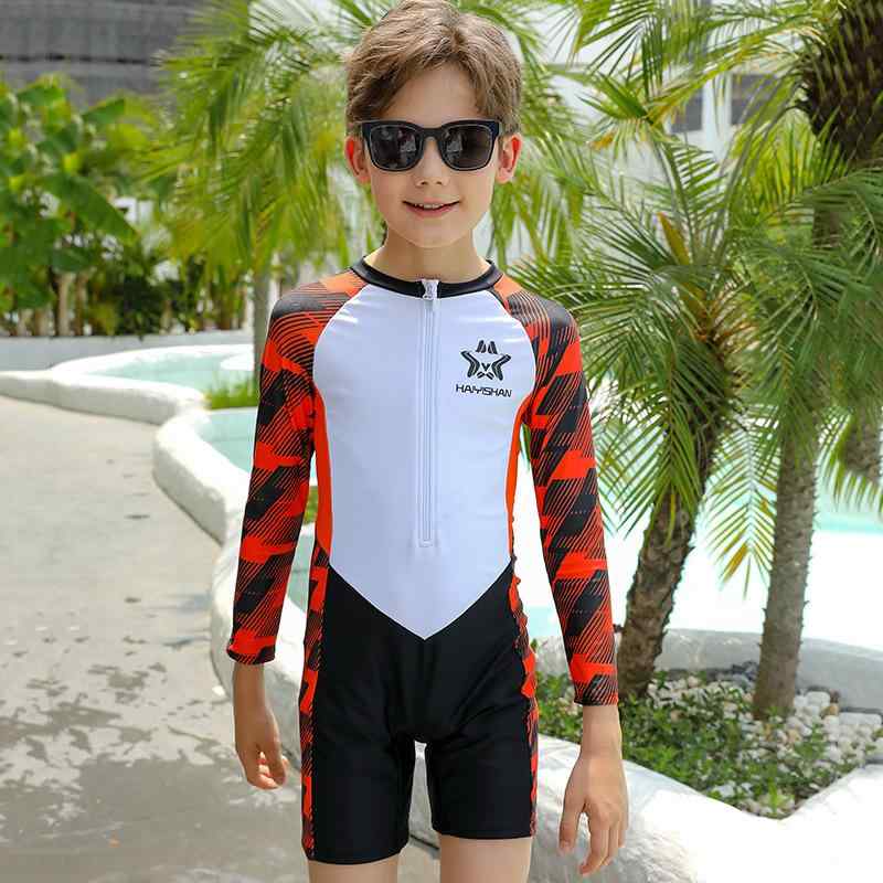 男の子 水着 ジュニア キッズ 子供 スイムウェア 長袖 オールインワン ショートパンツ 紫外線対策 日焼け防止 ナイロン フィットネス プール 海 ビーチ スクール 温泉 レッド 120 130 140 150 160 春 夏