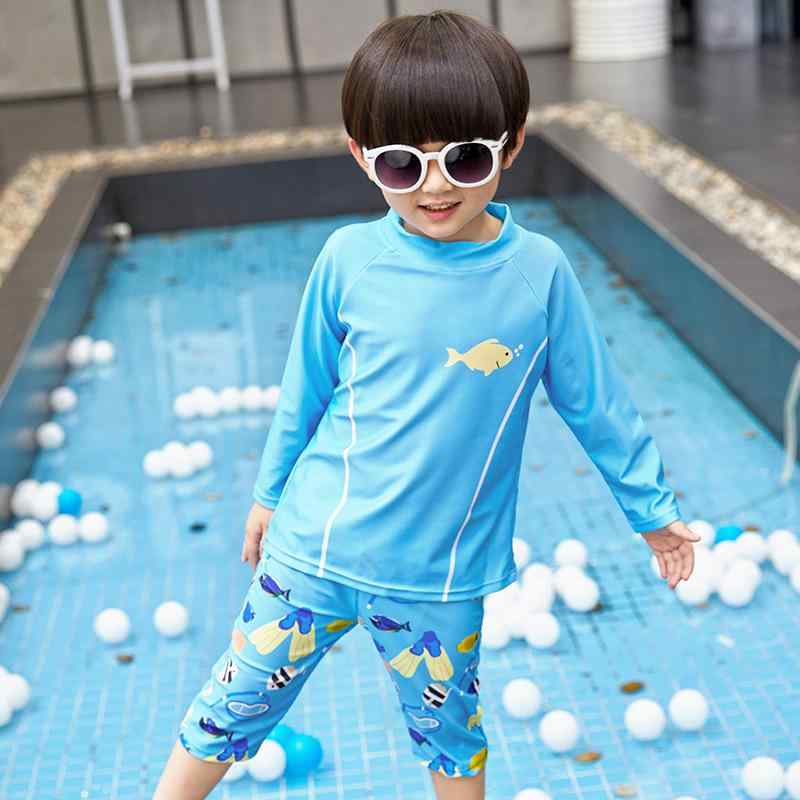 キッズ 水着 男の子 長袖 ラッシュガード セパレート ボックスショーツ 紫外線対策 UVカット 接触冷感 速乾 スイムウェア 水遊び プール 海 ビーチ レジャー キャンプ 3歳 4歳 5歳 韓国風 ブルー