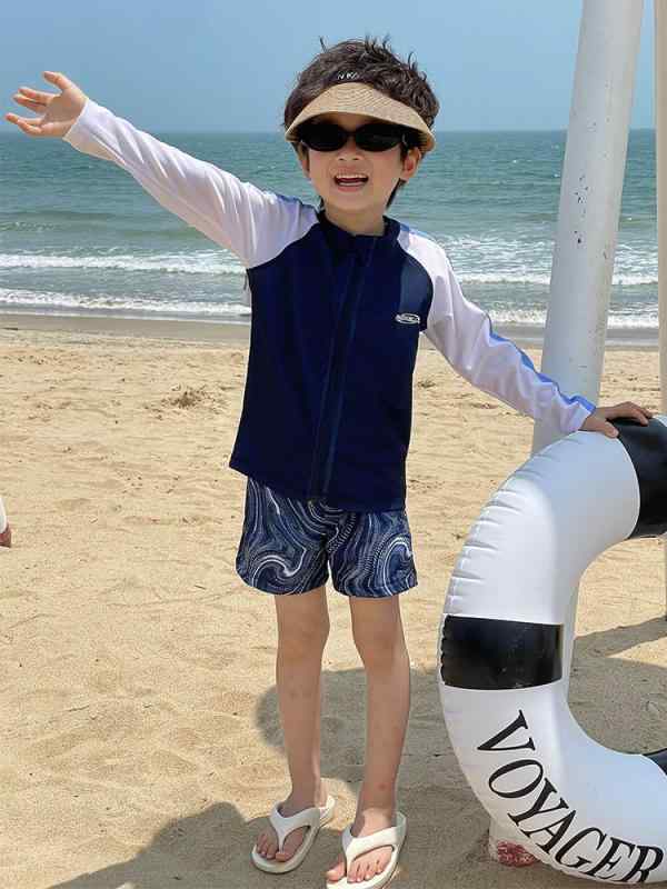 男の子 水着 セパレート ジュニア キッズ スイムウェア 長袖 ラッシュガード スイムパンツ 切り替え 配色 速乾 伸縮 動きやすい 子供 幼稚園 小学生 海水浴 プール ビーチ スクール 夏 1岁 2岁 3岁