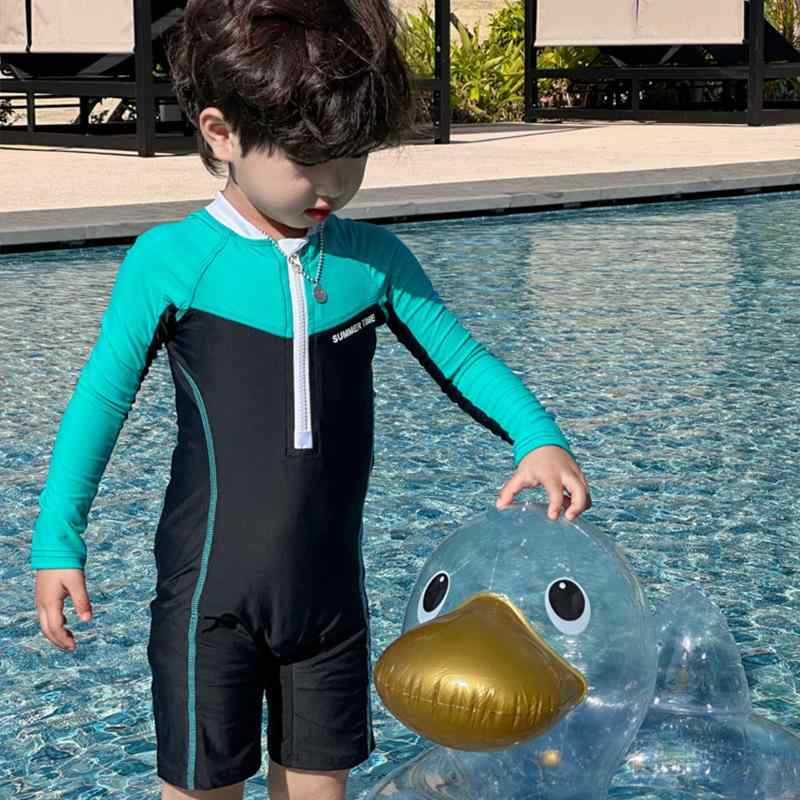 子供 水着 男の子 女の子 キッズ ベビー 長袖 ラッシュガード 日焼け防止 速干 伸縮性 スイムウェア オールシーズン つなぎ ロンパース 水遊び プール ビーチ 海 旅行 1歳 2歳 3歳 ブルーグリーン 100 110 120