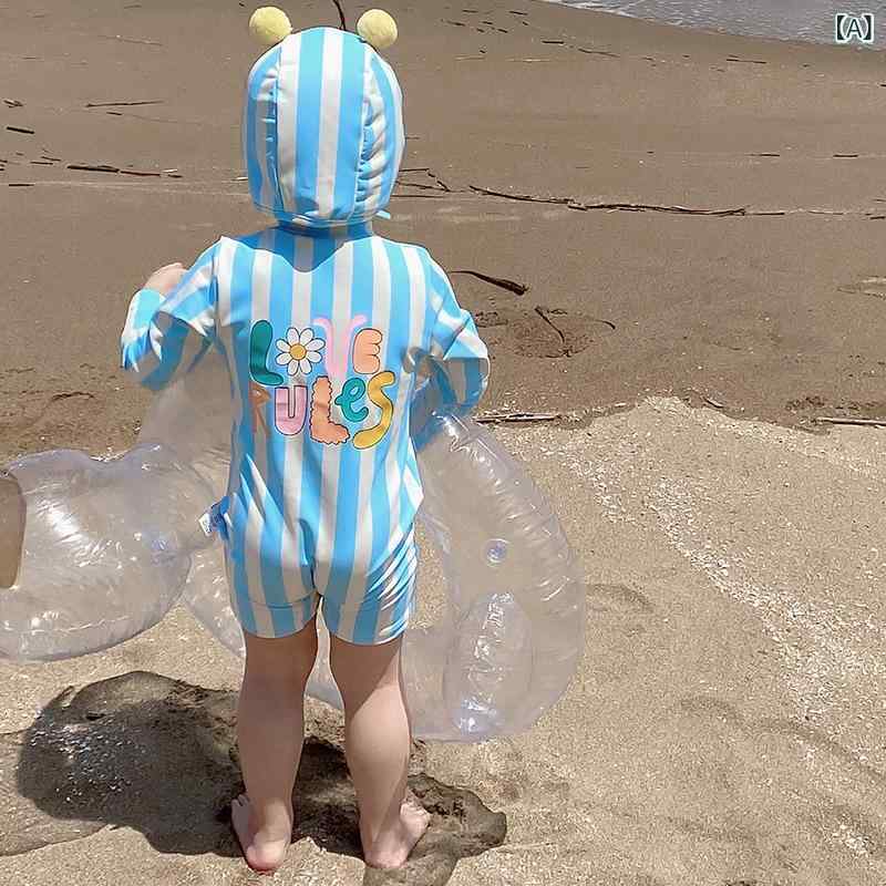 子供 水着 男の子 女の子 兼用 長袖 オールインワン ラッシュガード スイムウェア 接続冷感 速乾 防紫外線 伸縮性 かわいい ボーダー 黄 青 プール 海 水遊び ビーチ 1歳 2歳 3歳 4歳 5歳