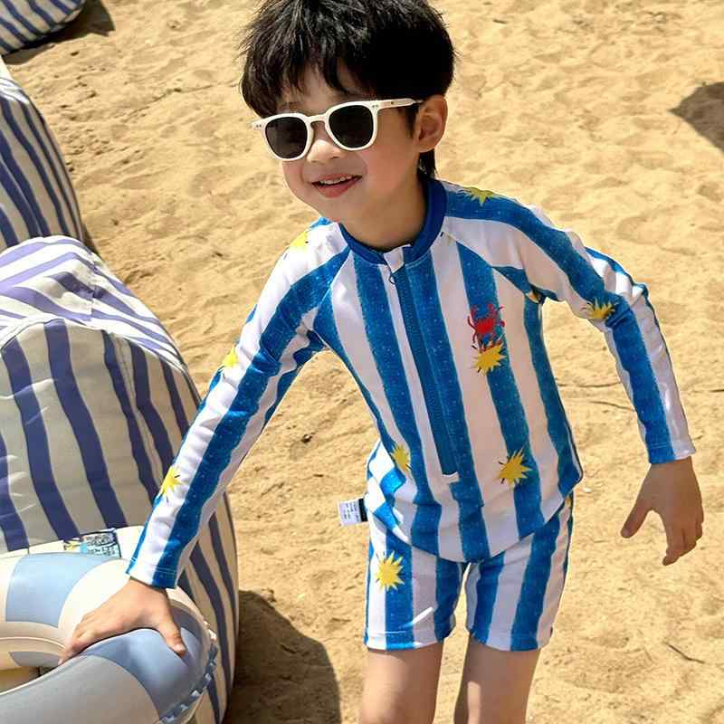 水着 キッズ 男の子 女の子 長袖 長袖水着 オールインワン ロンパース スイムウェア ラッシュガード 紫外線対策 UVカット 速乾 伸縮性 赤ちゃん ベビー カニ 温泉 プール 海 ビーチ 旅行 夏 赤 90 100 110 120 130 140