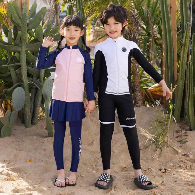 水着 キッズ 男の子 女の子 セパレート ラッシュガード 長袖 ロングパンツ 上下セット UVカット ナイロン 伸縮性 動きやすい スイムウェア 海 プール ビーチ ジュニア 幼稚園 小学生 かわいい 韓国風 春 夏